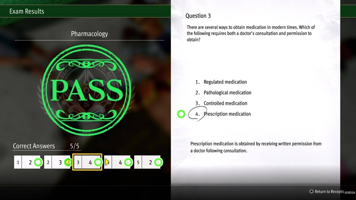 Pirate Yakuza in Hawaii gameplay van de Ounabara Beroepsschool, een van de juiste antwoorden op het Farmacologie examen