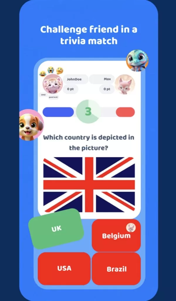 Isang screenshot ng isang laro ng pagsusulit na may maraming mga sagot upang matukoy kung anong bansa ang watawat ng Union Jack.
