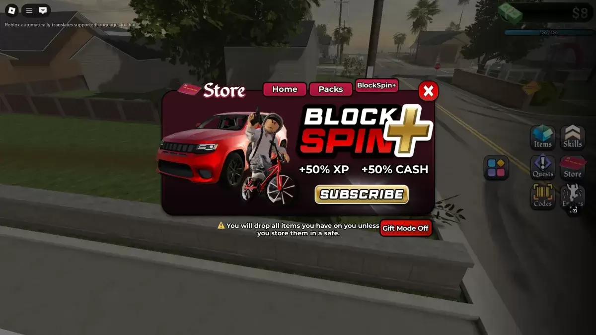 A player interacting with the Store menu to get BlockSpin plus battlepass