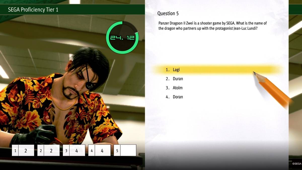 Een antwoord op de Sega Vaardigheid Niveau 1 test in Pirate Yakuza in Hawaii aan de Ounabara Beroepsschool