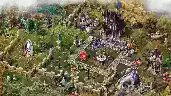 An isometric island landscape centered around a manor with various spooky goings-on around it