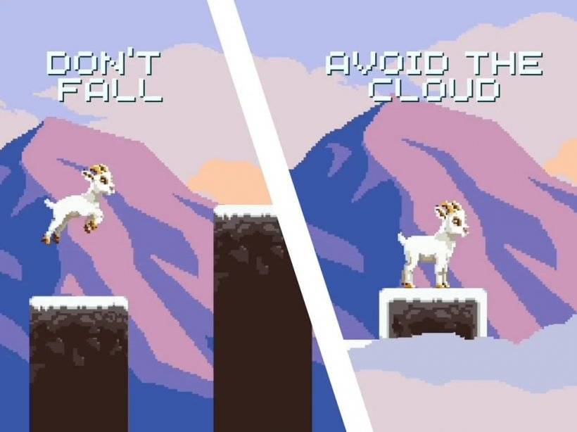 Tangkapan skrin dua urutan dengan kambing pixellated melompat ke platform