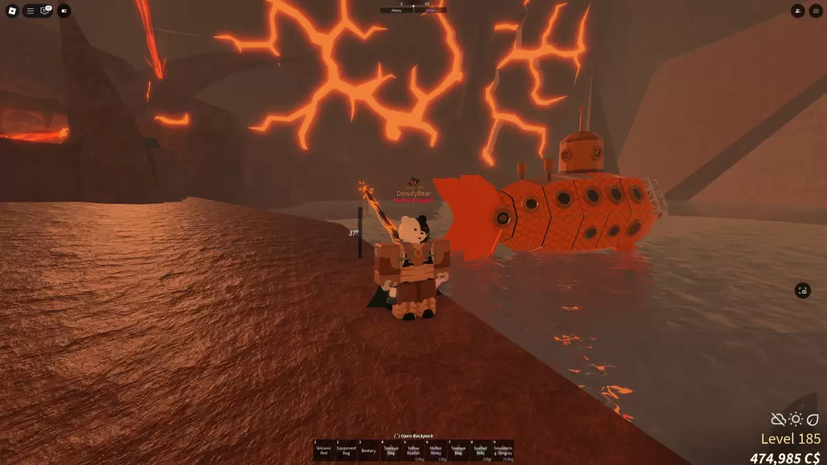 An image showing a player with the Glimmerfin Suit and their submarine