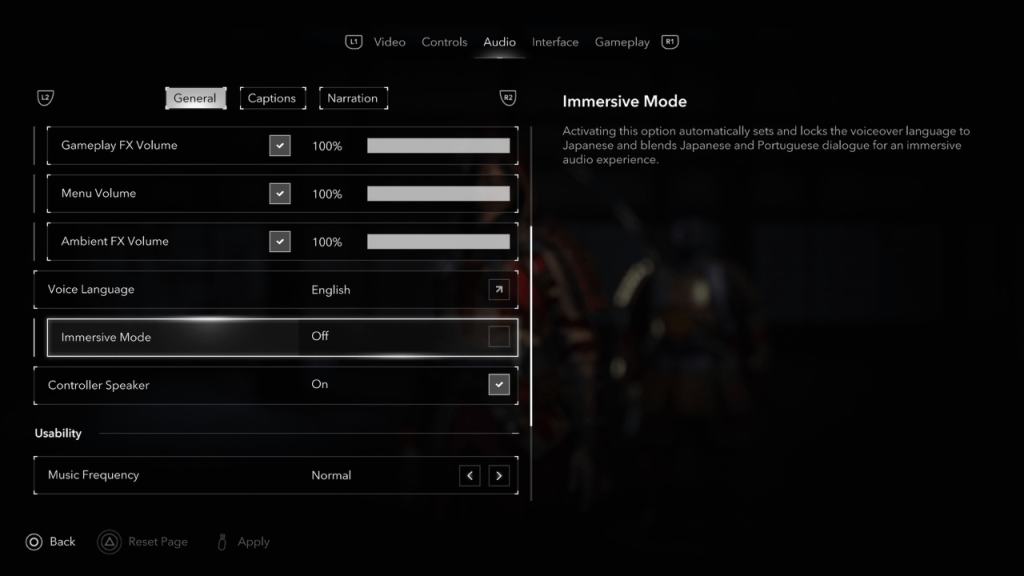 Assassin's Creed Shadows audio-opties, Meeslepende Modus gemarkeerd
